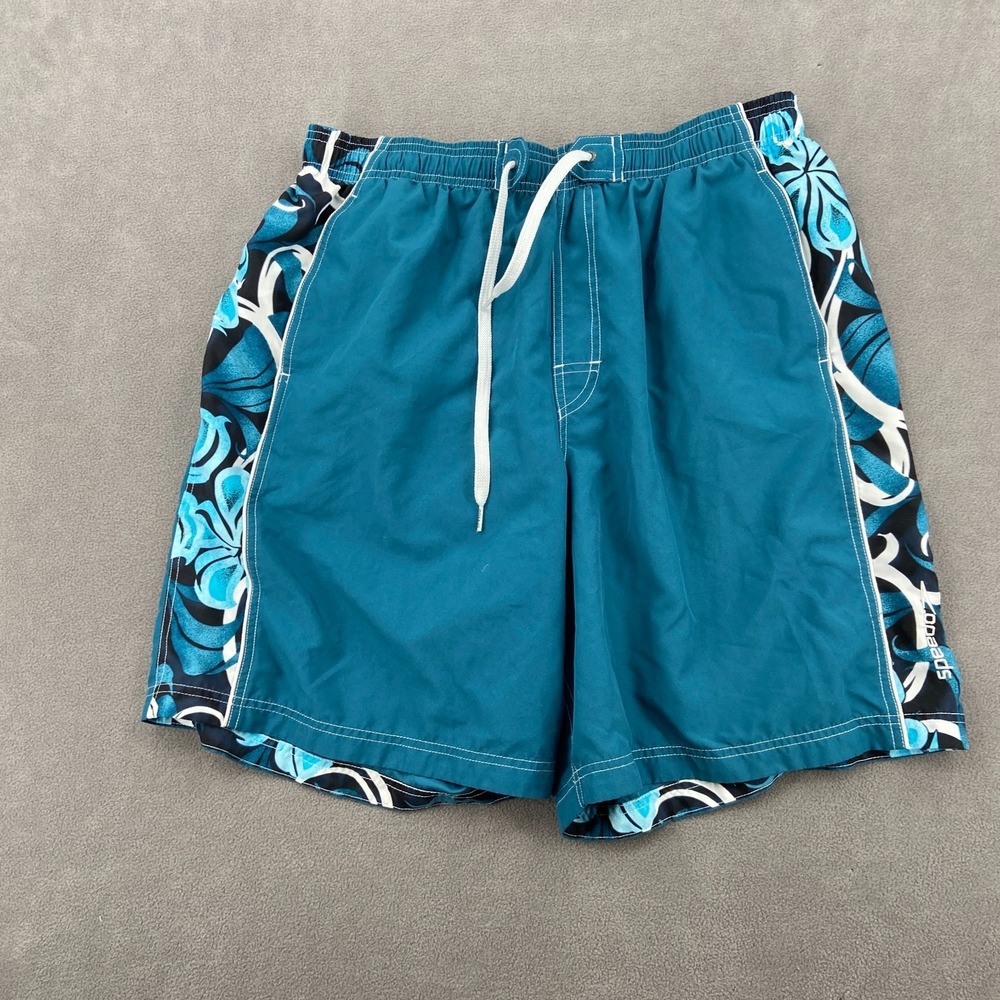 Speedo Swim Trunks Sz 2XL Teal Floral Mesh Lined Drawstring Embroidered Board